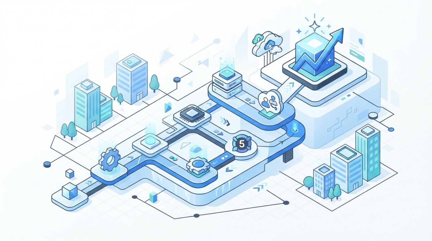 An isometric illustration of a winding path running between office buildings, past gears, a processor and a stack of servers, ending at a raised platform where an arrow curves upward out of a glowing block.