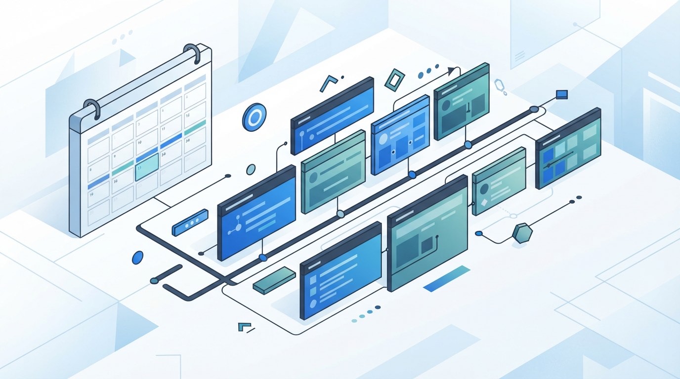 An isometric illustration in blues and greys: a wall calendar on the left, then a row of screens strung along a branching track that runs left to right like a timeline.