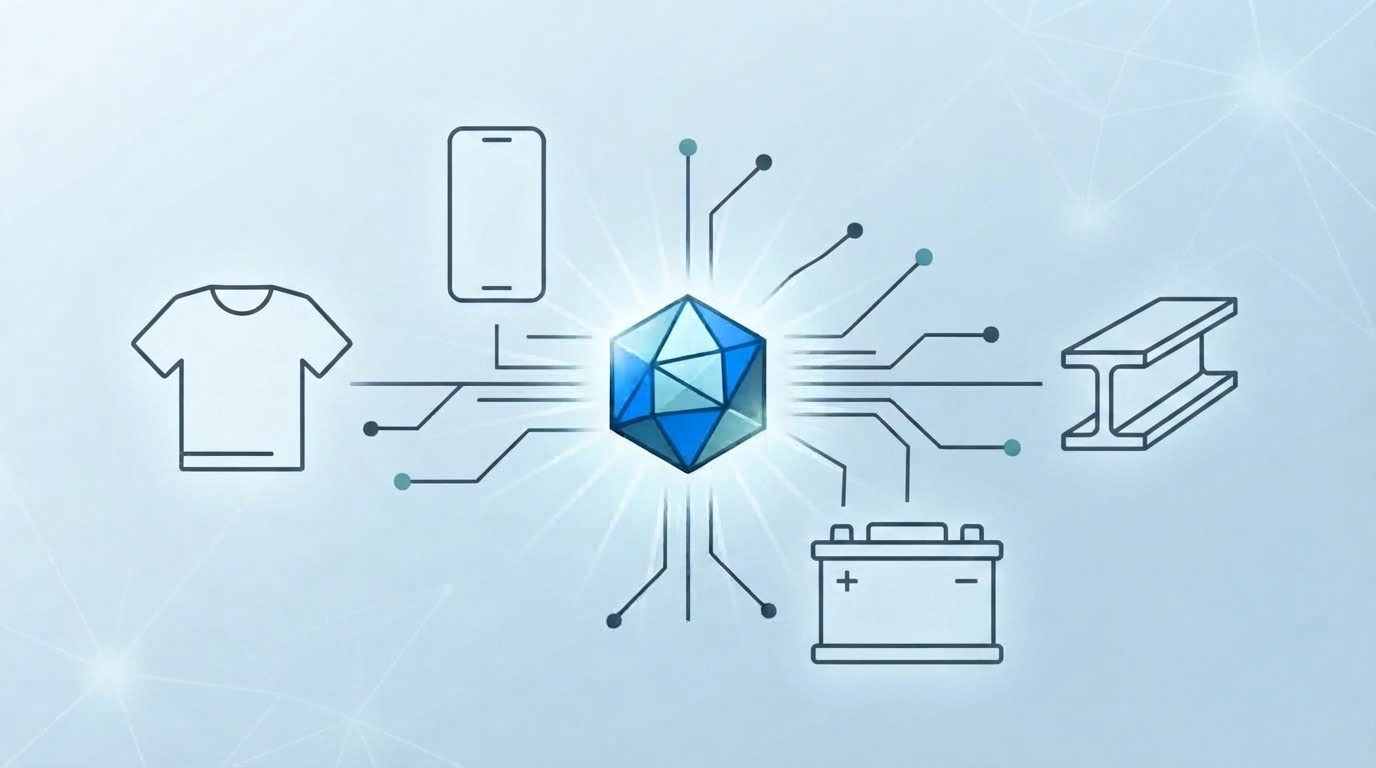 Line drawings of a t-shirt, a phone, a steel beam and a car battery arranged around a glowing blue gemstone, each joined to it by circuit-board tracks, on a pale blue background.