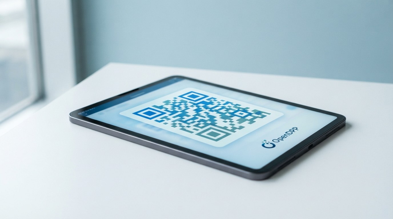 A tablet lying flat on a white desk beside a window, its screen showing a large blue and teal QR code with the OpenDPP wordmark beneath it.